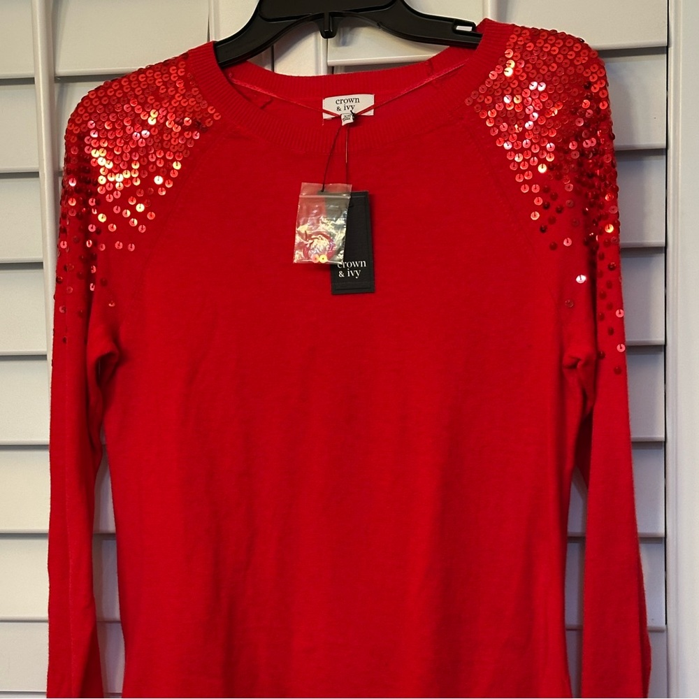 Crown & Ivey Red Sequin Shoulder Crewneck Sweater
